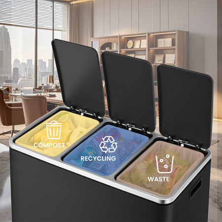 Kosz na śmieci metalowy trzykomorowy czarny