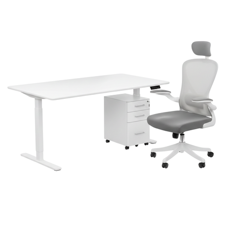 Zestaw do nowoczesnego biura: biurko elektryczne + fotel + szafka