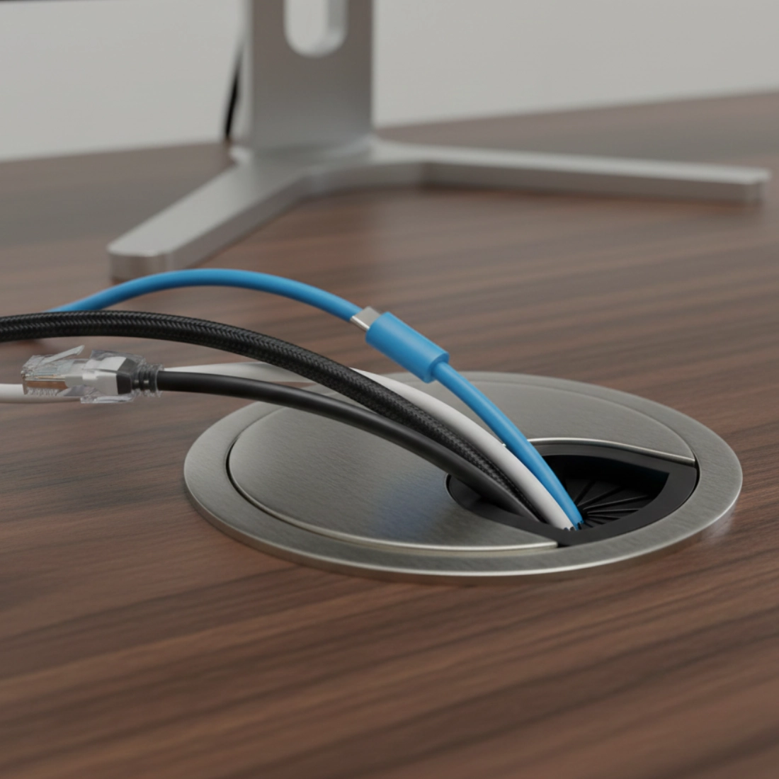 przepust kablowy 55mm, przepust do biurka metalowy, spacetronik przepust kabli, maskownica kabli biurkowa, przepust kablowy srebrny, przepust kablowy czarny, organizer kabli biurko