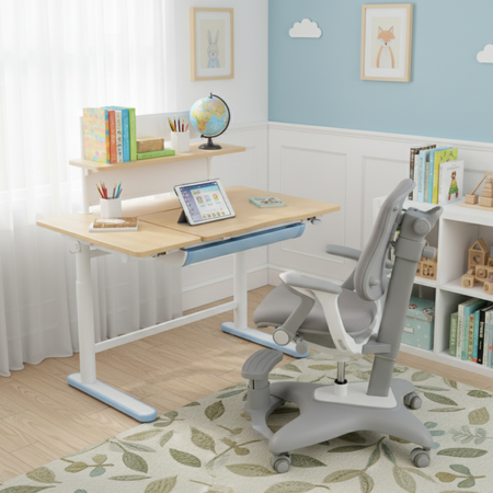 Zestaw dla dziecka regulowane biurko 112×60 z półką + ergonomiczne krzesło Spacetronik XD
