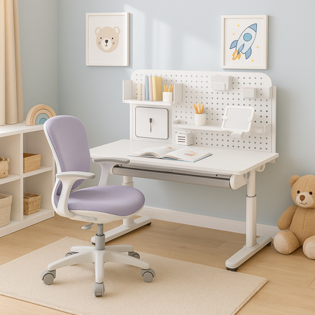 Zestaw Spacetronik: biurko regulowane 100×60  + krzesło dziecięce z podnóżkiem + nadstawka z pegboardem