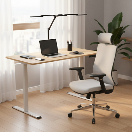 Zestaw ergonomiczny biurko Moris SPEO121 120x60 krzeslo Spiro lampa Glow D2