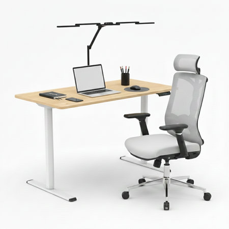 Zestaw ergonomiczny biurko Moris SPEO121 120x60 krzeslo Spiro lampa Glow D2