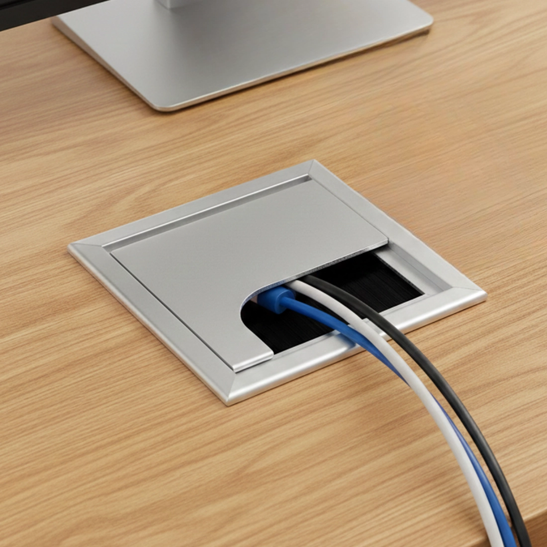 przepust kablowy 55mm, przepust do biurka metalowy, spacetronik przepust kabli, maskownica kabli biurkowa, przepust kablowy srebrny, przepust kablowy czarny, organizer kabli biurko