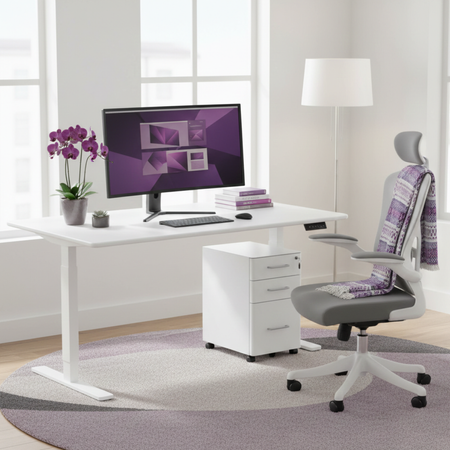 Zestaw do nowoczesnego biura: biurko elektryczne + fotel + szafka