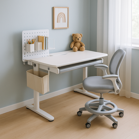 Zestaw Spacetronik: biurko regulowane 100×60  + krzesło dziecięce z podnóżkiem + nadstawka z pegboardem