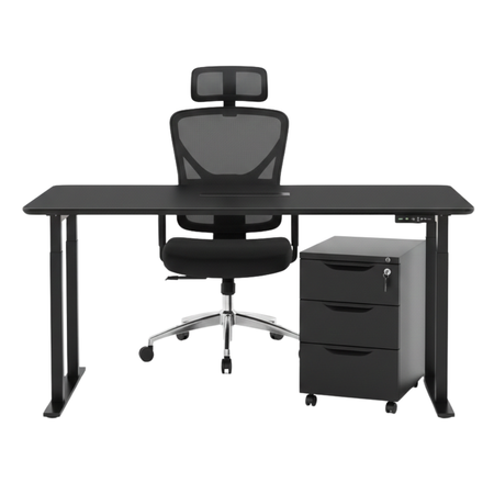 Zestaw do nowoczesnego biura: biurko elektryczne + fotel + szafka