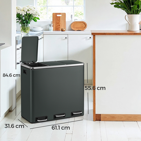 Kosz na śmieci metalowy trzykomorowy ciemnoszary