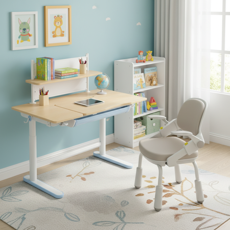 Zestaw dla dziecka regulowane biurko 112×60 z półką + ergonomiczne krzesło Spacetronik XD