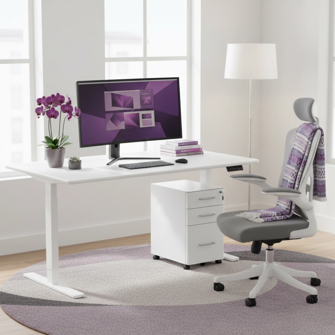 biurko elektryczne: stelaż SPE426W biały + blat MDF Porcelain