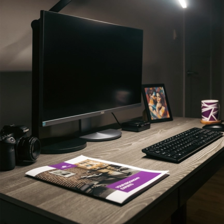 Biurko elektryczne 120×60 z fotelem Springle 44 i lampą biurkową Glow D5