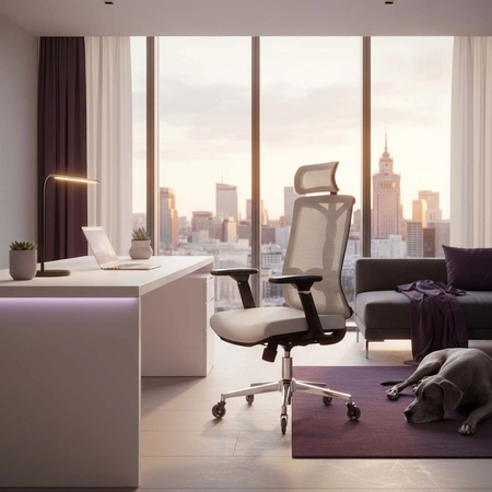 Zestaw ergonomiczny biurko Moris SPEO121 120x60 krzeslo Spiro lampa Glow D2