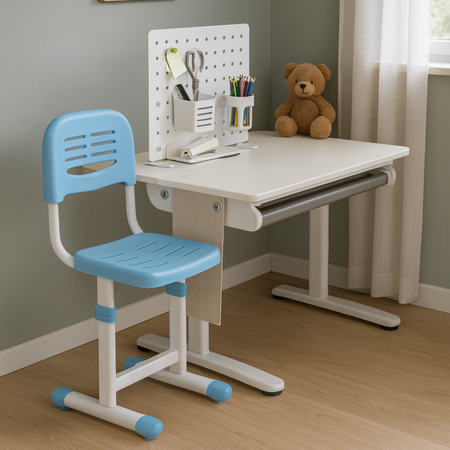 Zestaw Spacetronik: biurko regulowane 100×60  + krzesło dziecięce z podnóżkiem + nadstawka z pegboardem