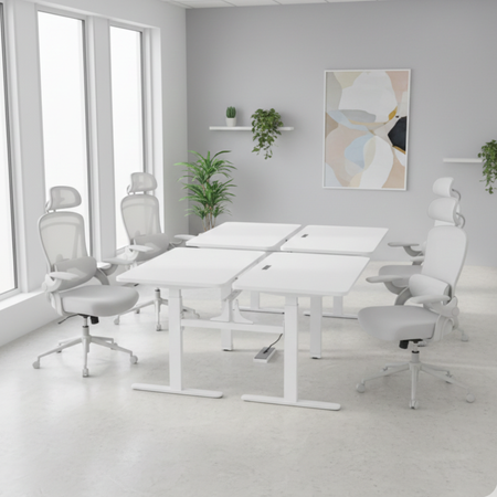 Zestaw cztery biurka elektryczne Spacetronik z krzesłami Doris 11