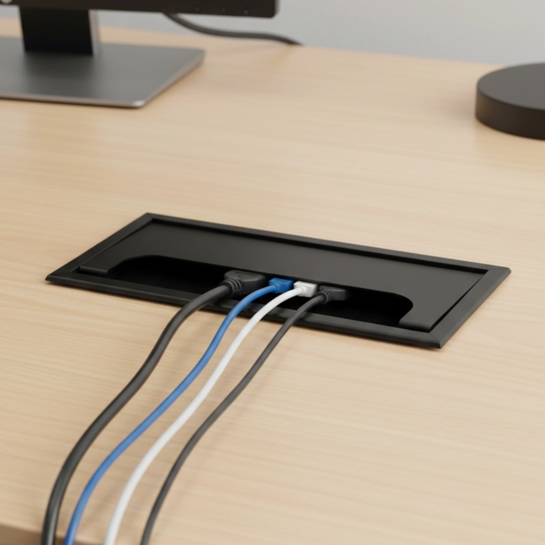 przepust kablowy 55mm, przepust do biurka metalowy, spacetronik przepust kabli, maskownica kabli biurkowa, przepust kablowy srebrny, przepust kablowy czarny, organizer kabli biurko