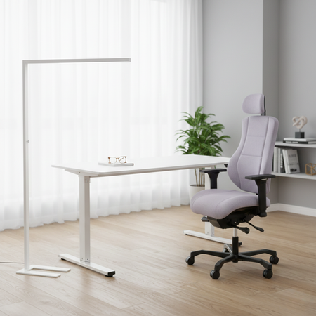 Zestaw ergonomiczny biurko Moris SPE O112WW fotel MENNKAR lampa D22 Pro