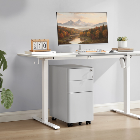 Zestaw do nowoczesnego biura: biurko elektryczne + fotel + szafka