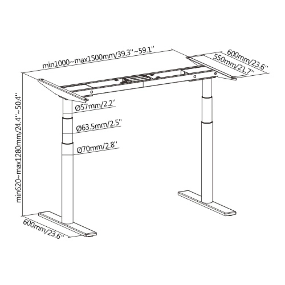 Rysunek techniczny elektrycznego stelaża regulowanego Spacetronik SPE-227B