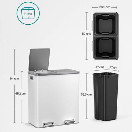 Kosz na śmieci metalowy podwójna komora biały