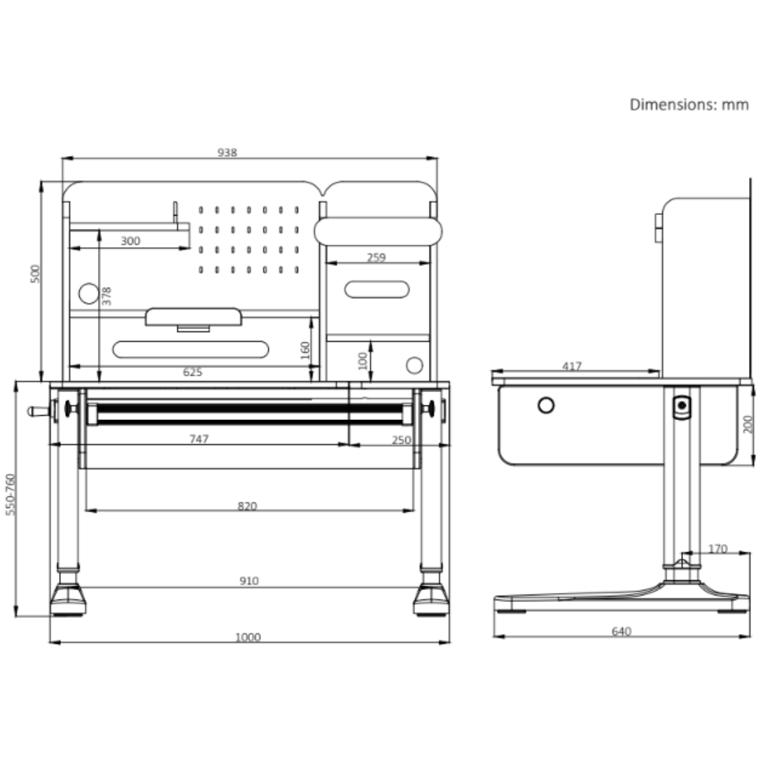 rysunek techniczny biurka dziecięcego SPEX113WW_100