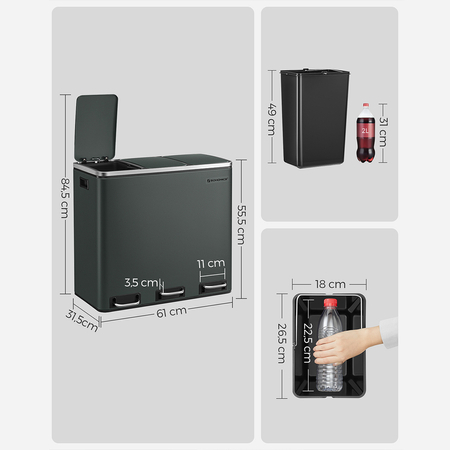 Kosz na śmieci metalowy trzykomorowy ciemnoszary