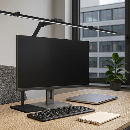 Zestaw ergonomiczny Biurko SPE O133BB Fotel BARD Lampa Glow D8