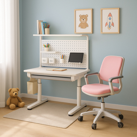 Zestaw Spacetronik: biurko regulowane 100×60  + krzesło dziecięce z podnóżkiem + nadstawka z pegboardem
