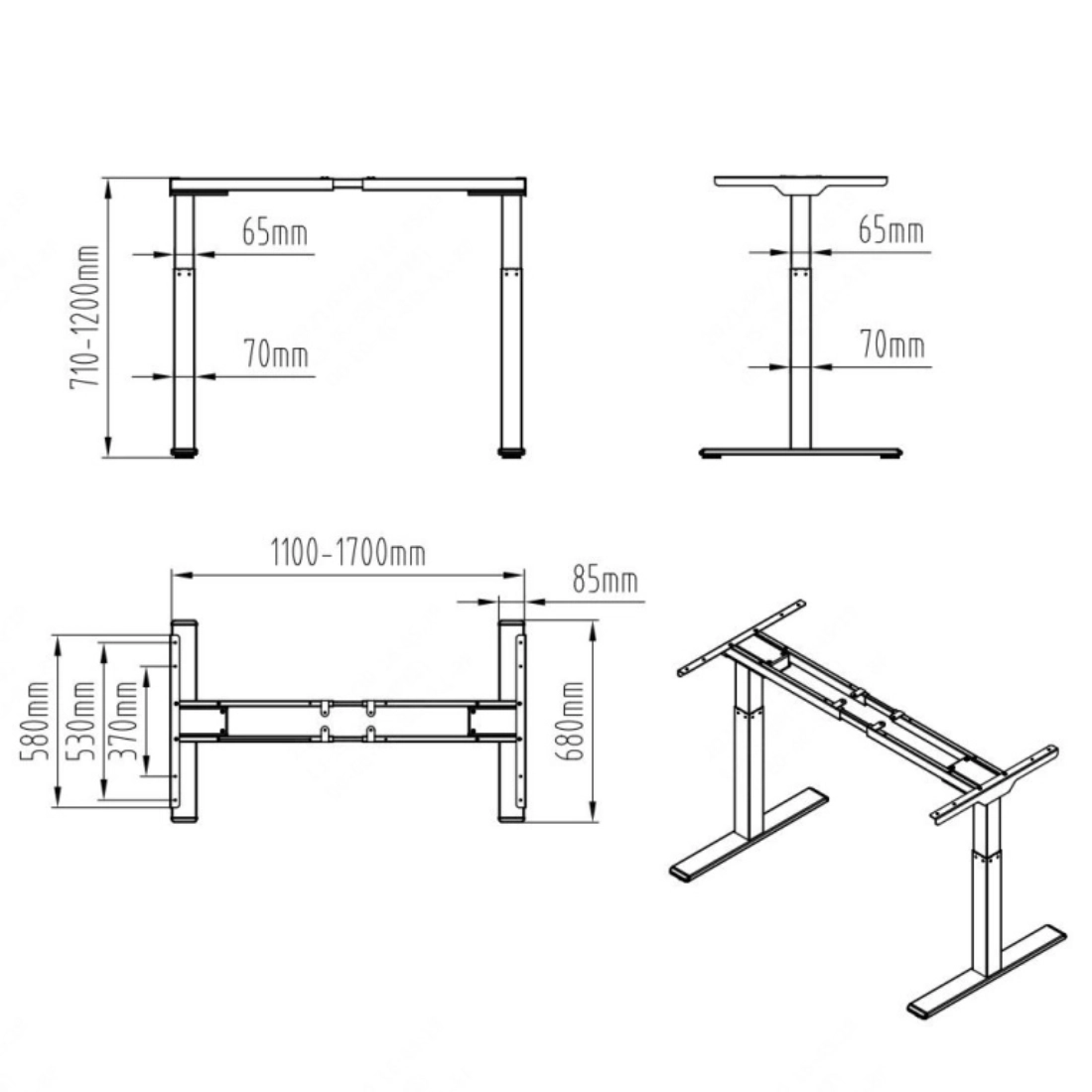 rysunek techniczny elektrycznego stelaża biurkowego Spacetronik SPE-214AW